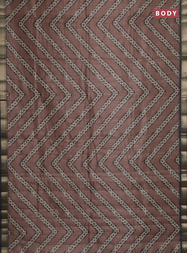 Semi tussar saree brown and sap green with stripes pattern and zari woven border