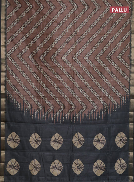 Semi tussar saree brown and sap green with stripes pattern and zari woven border