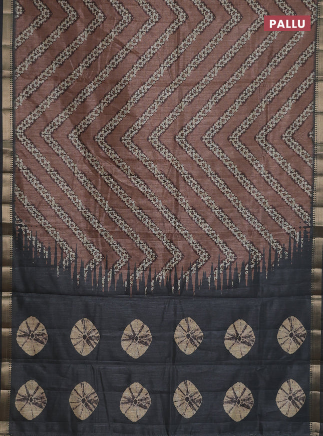 Semi tussar saree brown and sap green with stripes pattern and zari woven border