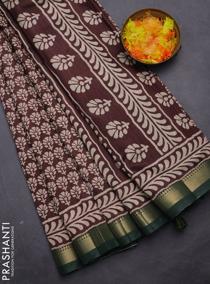Semi tussar saree brown and green with floral butta prints and zari woven border
