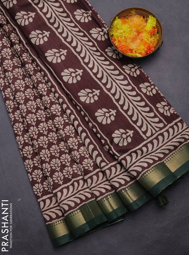 Semi tussar saree brown and green with floral butta prints and zari woven border