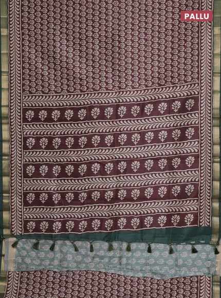 Semi tussar saree brown and green with floral butta prints and zari woven border
