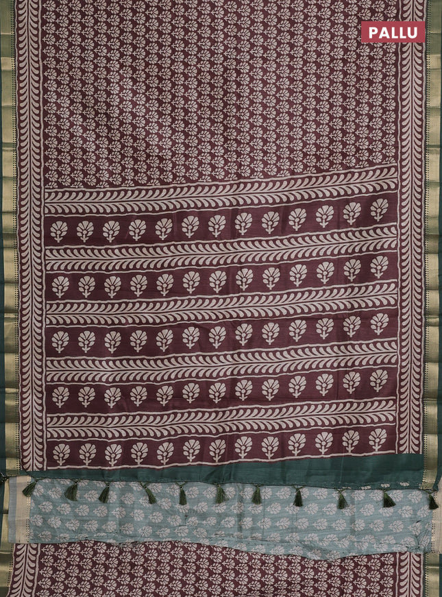 Semi tussar saree brown and green with floral butta prints and zari woven border