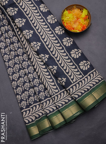 Semi tussar saree elephant grey and green with floral butta prints and zari woven border