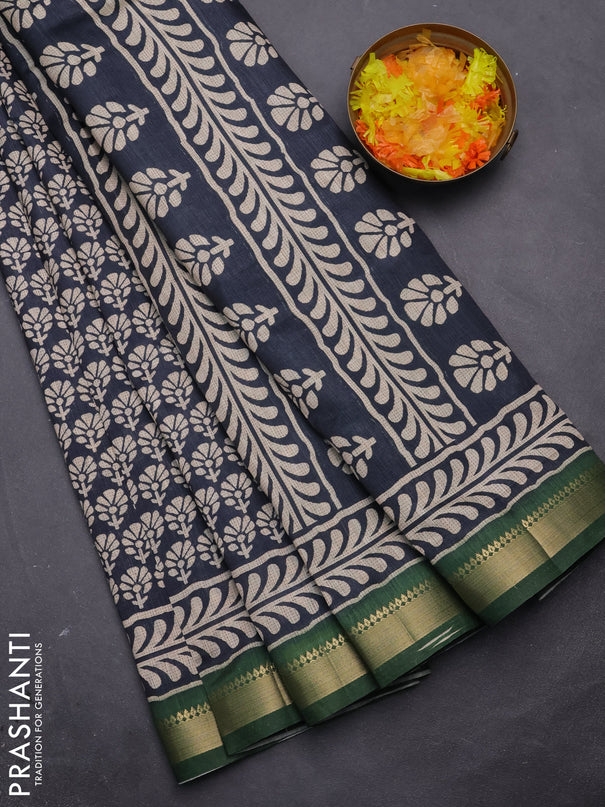 Semi tussar saree elephant grey and green with floral butta prints and zari woven border