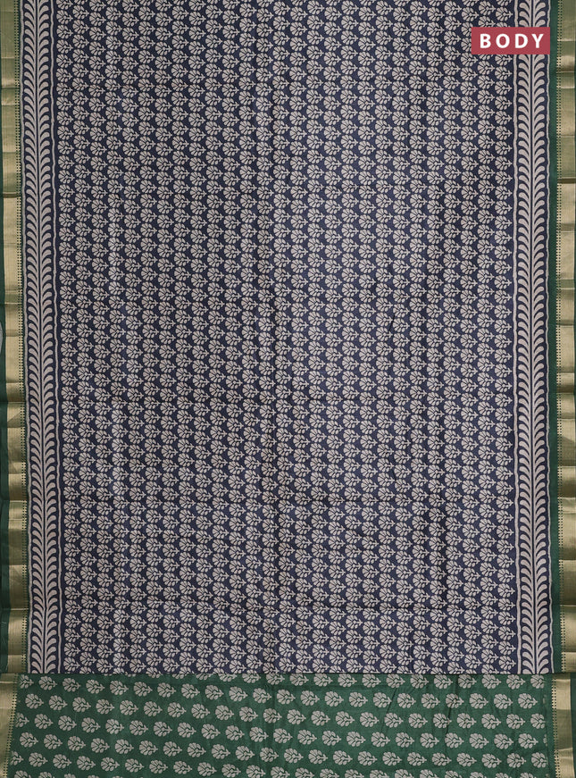 Semi tussar saree elephant grey and green with floral butta prints and zari woven border