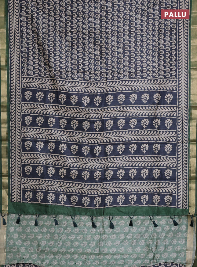 Semi tussar saree elephant grey and green with floral butta prints and zari woven border