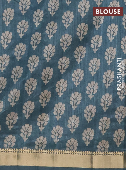 Semi tussar saree green and blue shade with floral butta prints and zari woven border