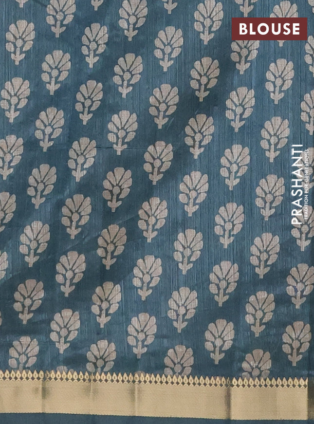 Semi tussar saree green and blue shade with floral butta prints and zari woven border