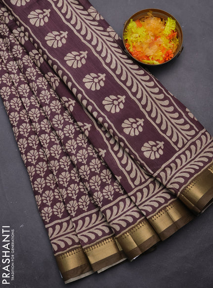 Semi tussar saree wine shade and military green with floral butta prints and zari woven border