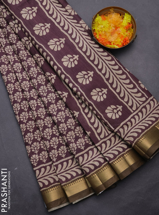 Semi tussar saree wine shade and military green with floral butta prints and zari woven border