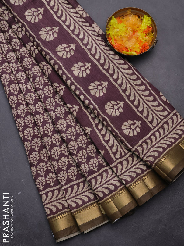 Semi tussar saree wine shade and military green with floral butta prints and zari woven border