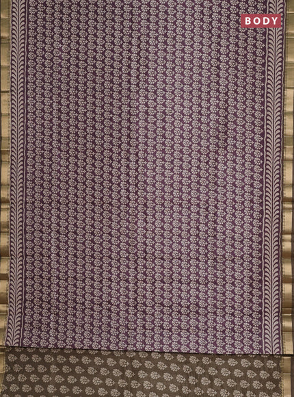 Semi tussar saree wine shade and military green with floral butta prints and zari woven border