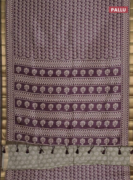 Semi tussar saree wine shade and military green with floral butta prints and zari woven border