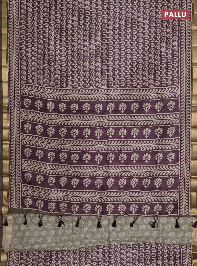 Semi tussar saree wine shade and military green with floral butta prints and zari woven border