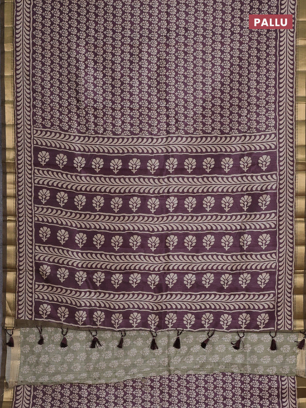 Semi tussar saree wine shade and military green with floral butta prints and zari woven border