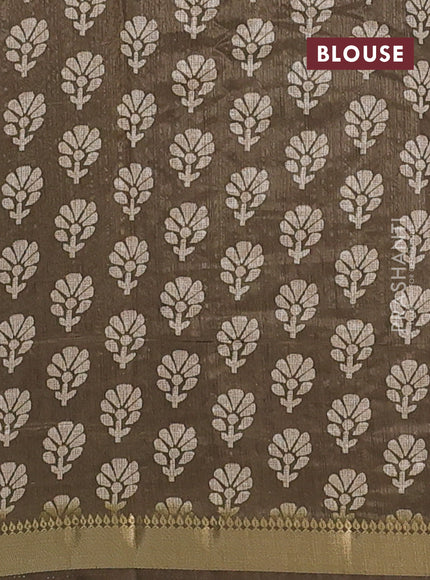 Semi tussar saree wine shade and military green with floral butta prints and zari woven border