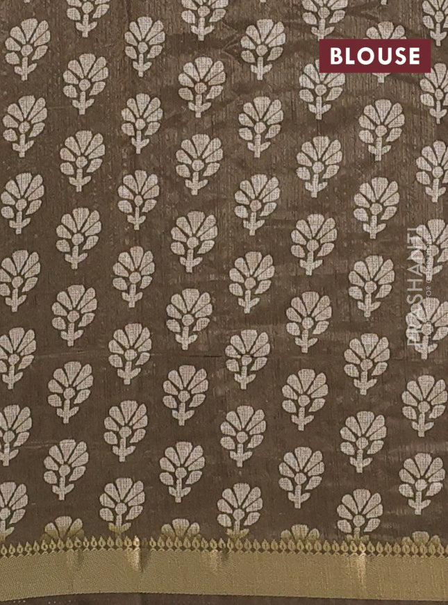 Semi tussar saree wine shade and military green with floral butta prints and zari woven border