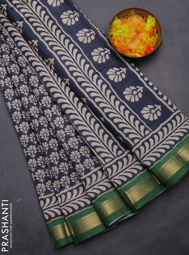 Semi tussar saree elephant grey and green with floral butta prints and zari woven border