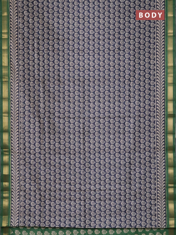 Semi tussar saree elephant grey and green with floral butta prints and zari woven border