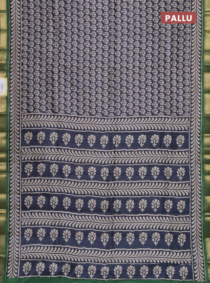 Semi tussar saree elephant grey and green with floral butta prints and zari woven border