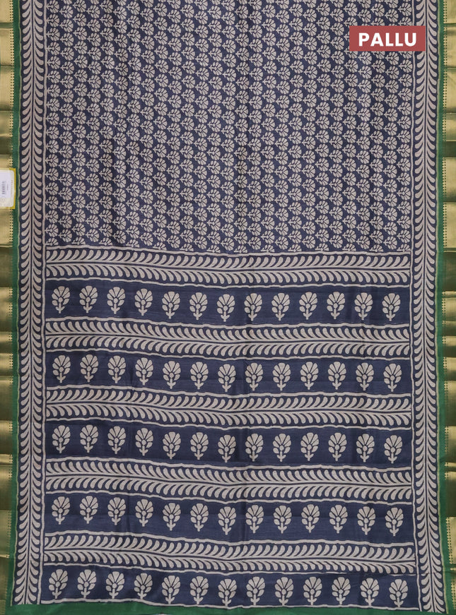 Semi tussar saree elephant grey and green with floral butta prints and zari woven border