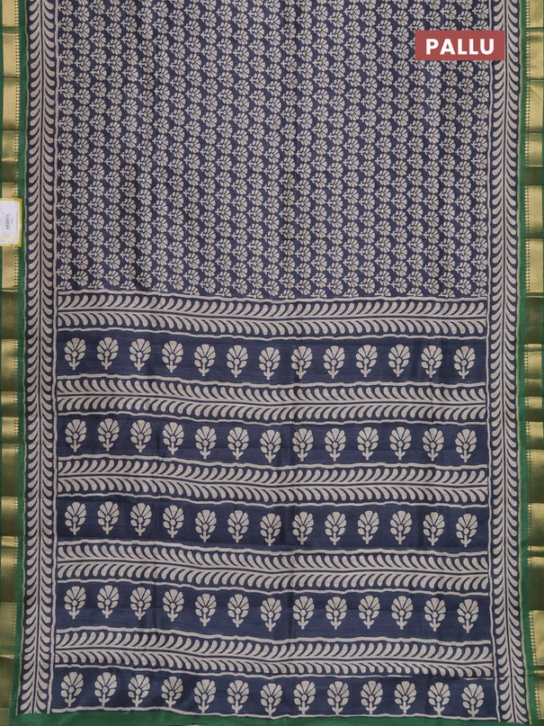 Semi tussar saree elephant grey and green with floral butta prints and zari woven border