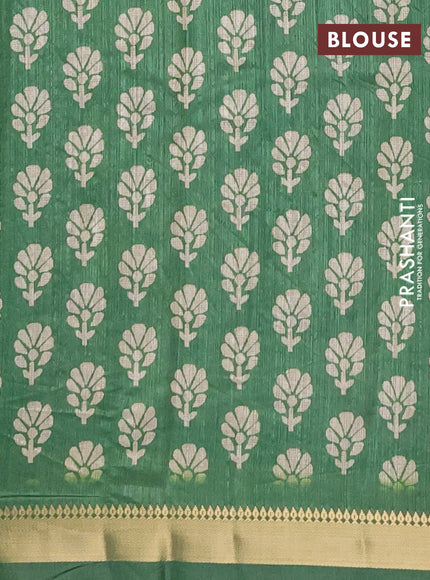 Semi tussar saree elephant grey and green with floral butta prints and zari woven border