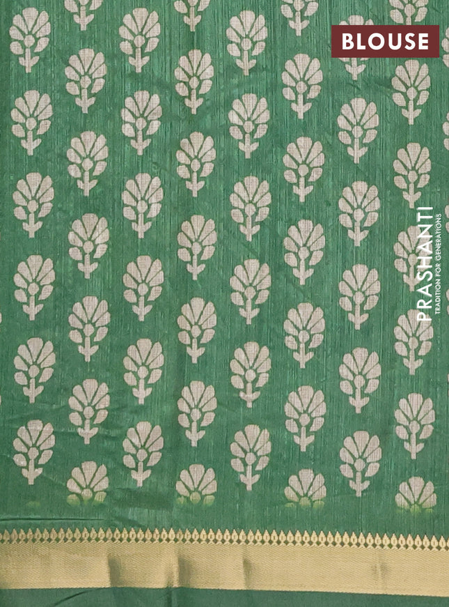 Semi tussar saree elephant grey and green with floral butta prints and zari woven border
