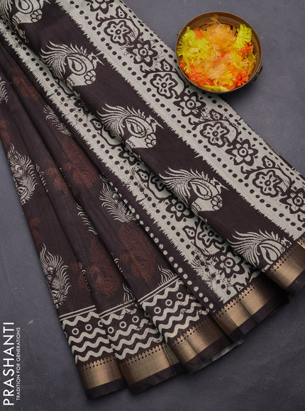 Semi tussar saree deep coffee brown with annam butta prints and zari woven border