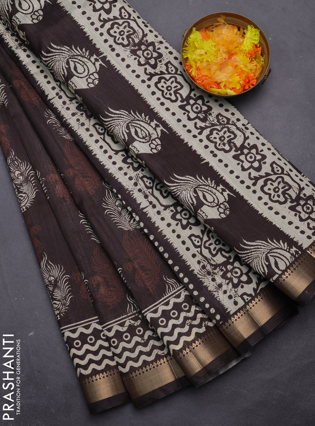 Semi tussar saree deep coffee brown with annam butta prints and zari woven border