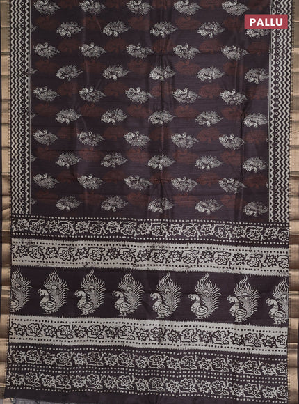 Semi tussar saree deep coffee brown with annam butta prints and zari woven border
