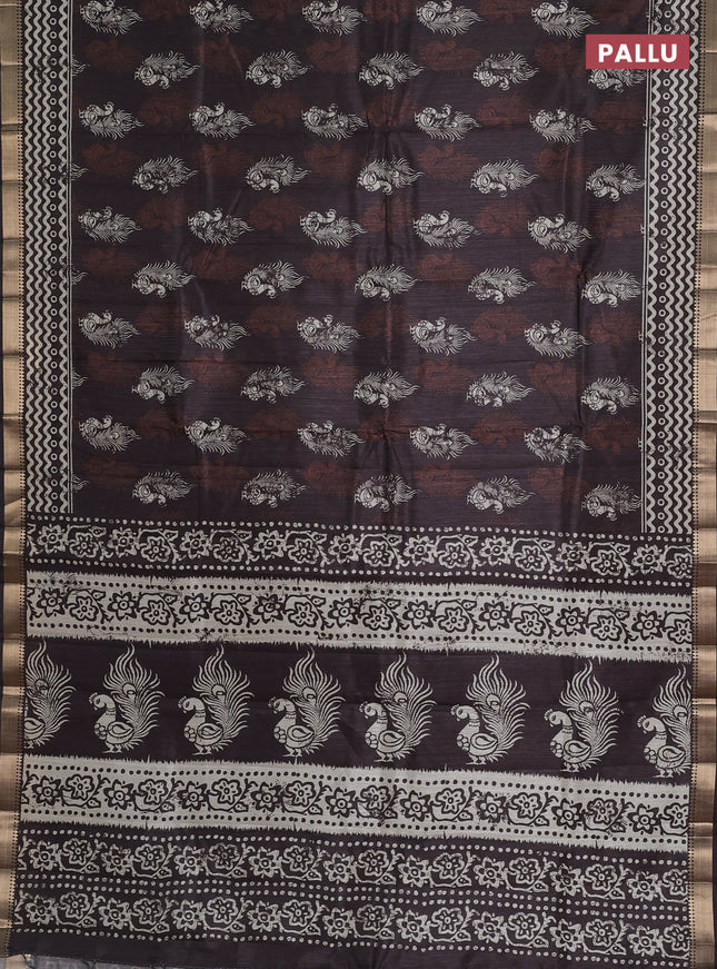 Semi tussar saree deep coffee brown with annam butta prints and zari woven border