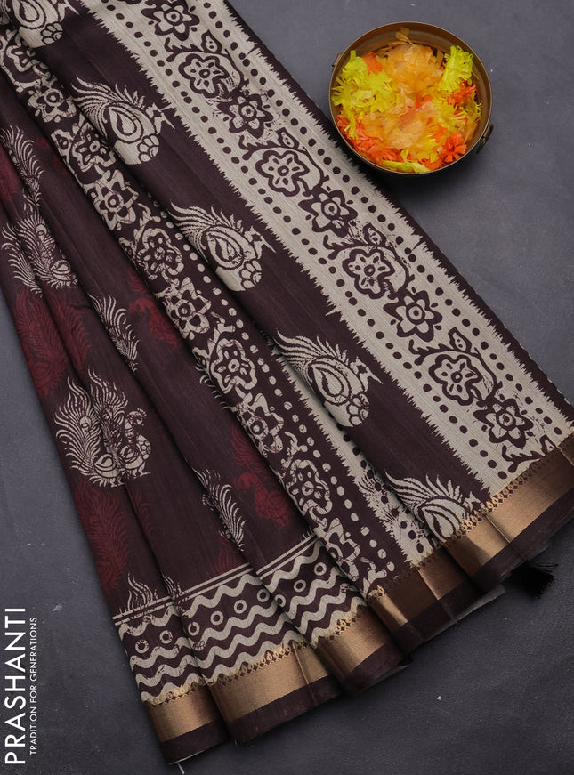 Semi tussar saree brown with annam butta prints and zari woven border