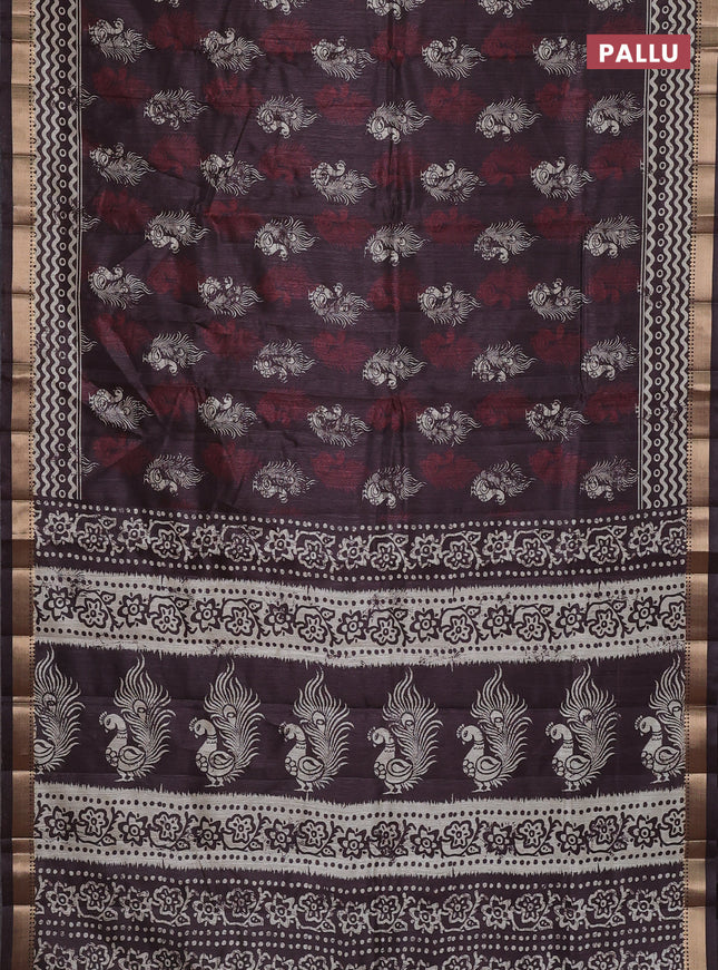 Semi tussar saree brown with annam butta prints and zari woven border