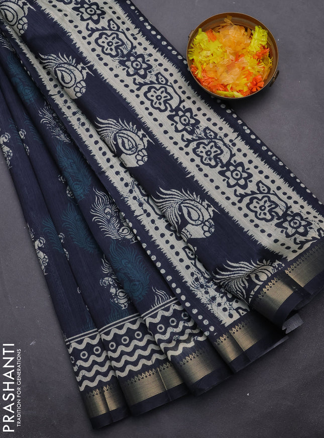 Semi tussar saree dark peacock blue with annam butta prints and zari woven border