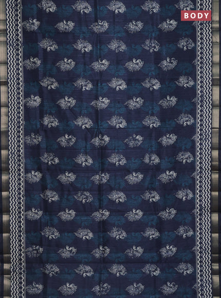 Semi tussar saree dark peacock blue with annam butta prints and zari woven border