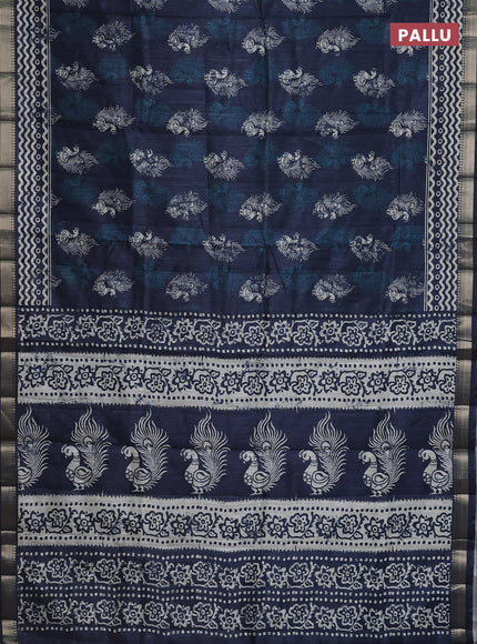 Semi tussar saree dark peacock blue with annam butta prints and zari woven border