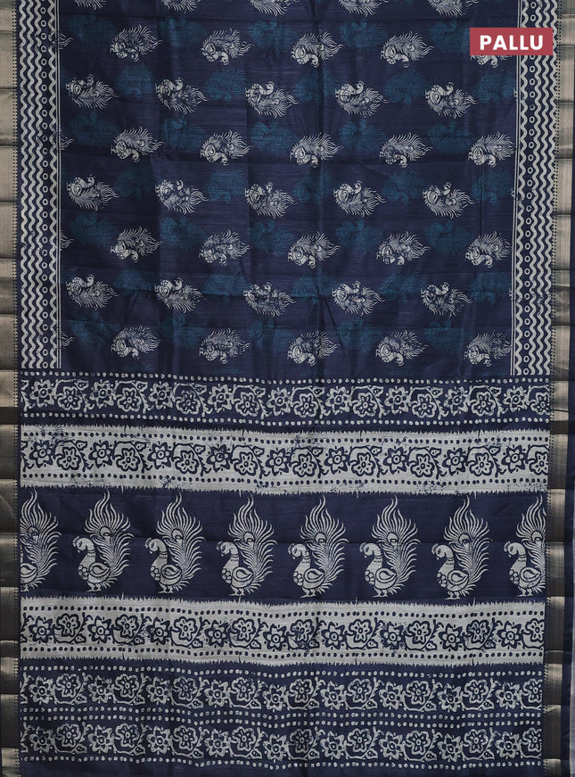 Semi tussar saree dark peacock blue with annam butta prints and zari woven border