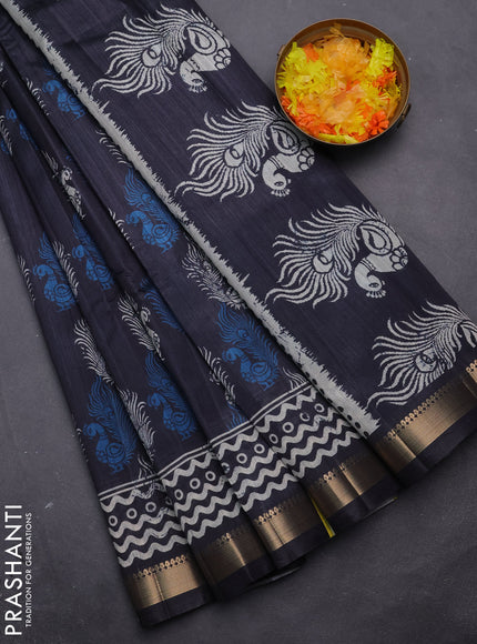 Semi tussar saree elephant grey with annam butta prints and zari woven border