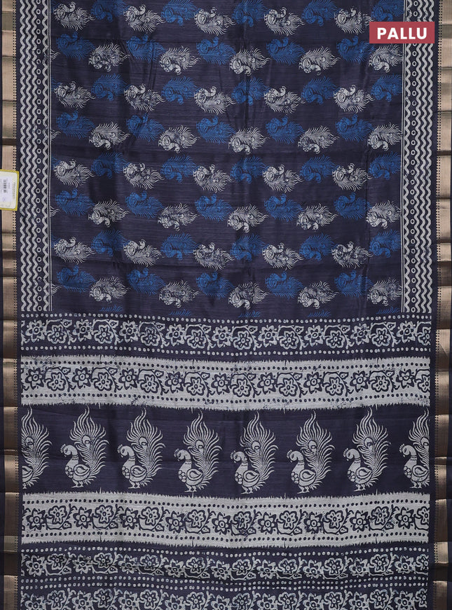 Semi tussar saree elephant grey with annam butta prints and zari woven border