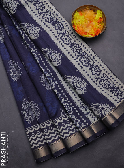 Semi tussar saree peacock blue with annam butta prints and zari woven border