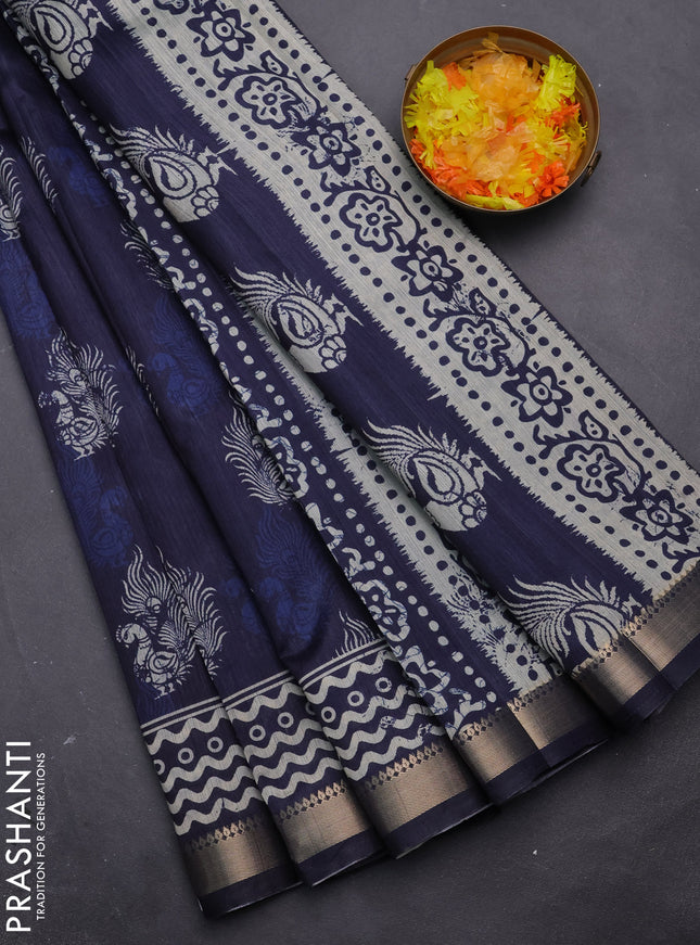 Semi tussar saree peacock blue with annam butta prints and zari woven border