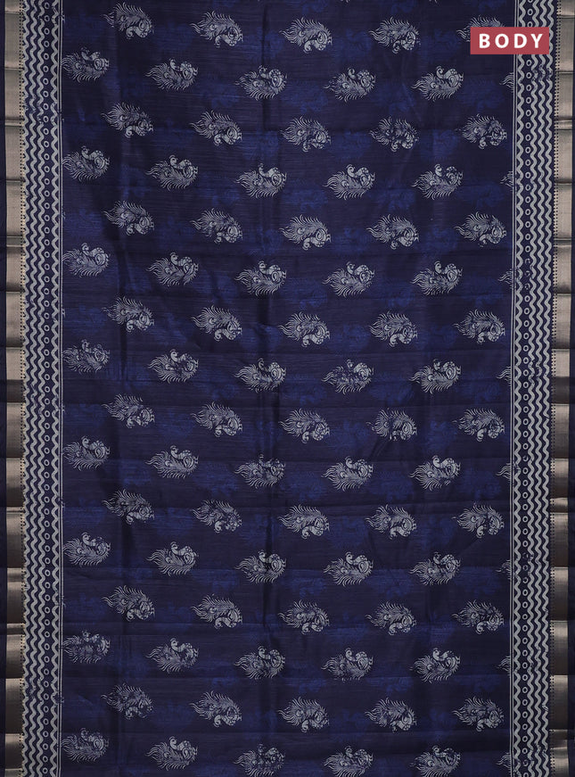 Semi tussar saree peacock blue with annam butta prints and zari woven border