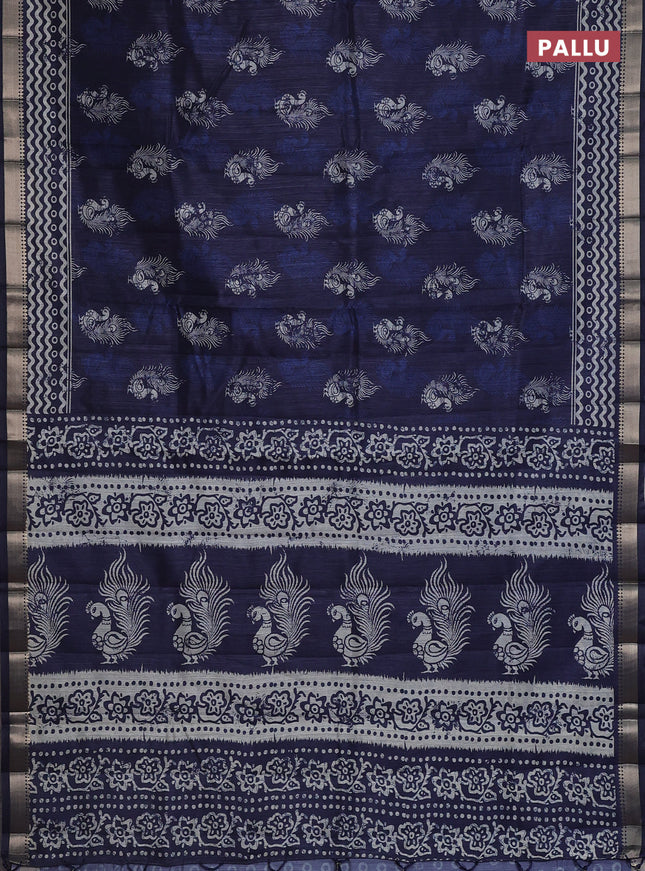 Semi tussar saree peacock blue with annam butta prints and zari woven border