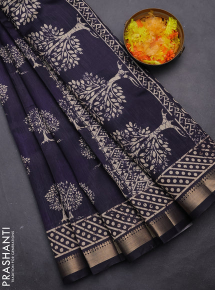 Semi tussar saree deep violet with tree butta prints and zari woven border