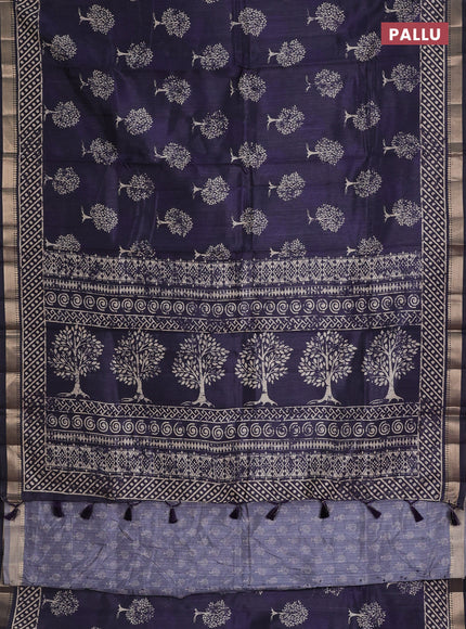 Semi tussar saree deep violet with tree butta prints and zari woven border