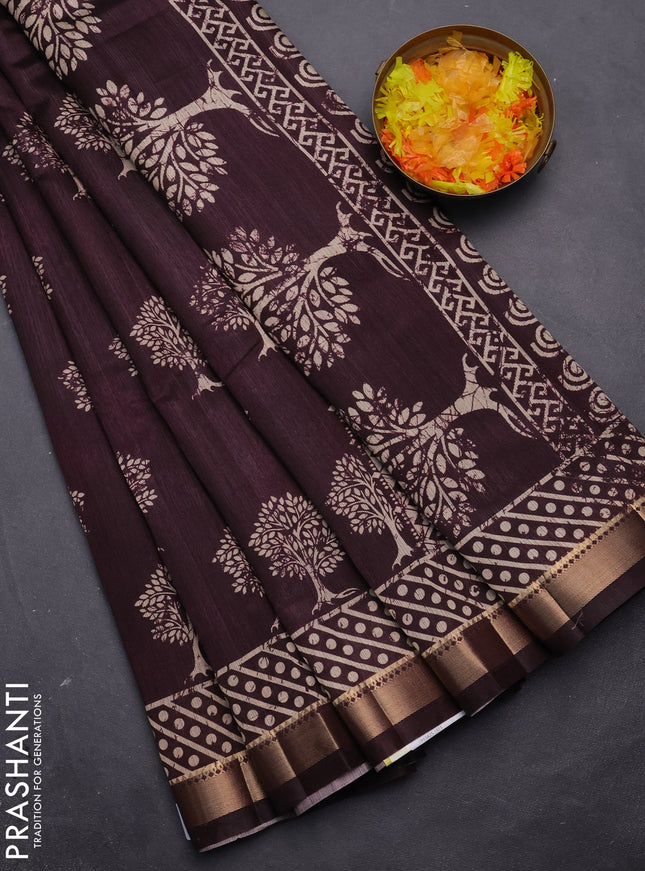 Semi tussar saree wine shade with tree butta prints and zari woven border
