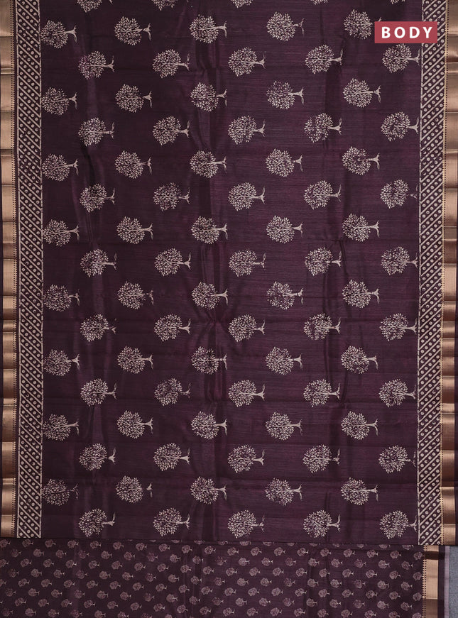Semi tussar saree wine shade with tree butta prints and zari woven border