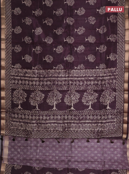 Semi tussar saree wine shade with tree butta prints and zari woven border